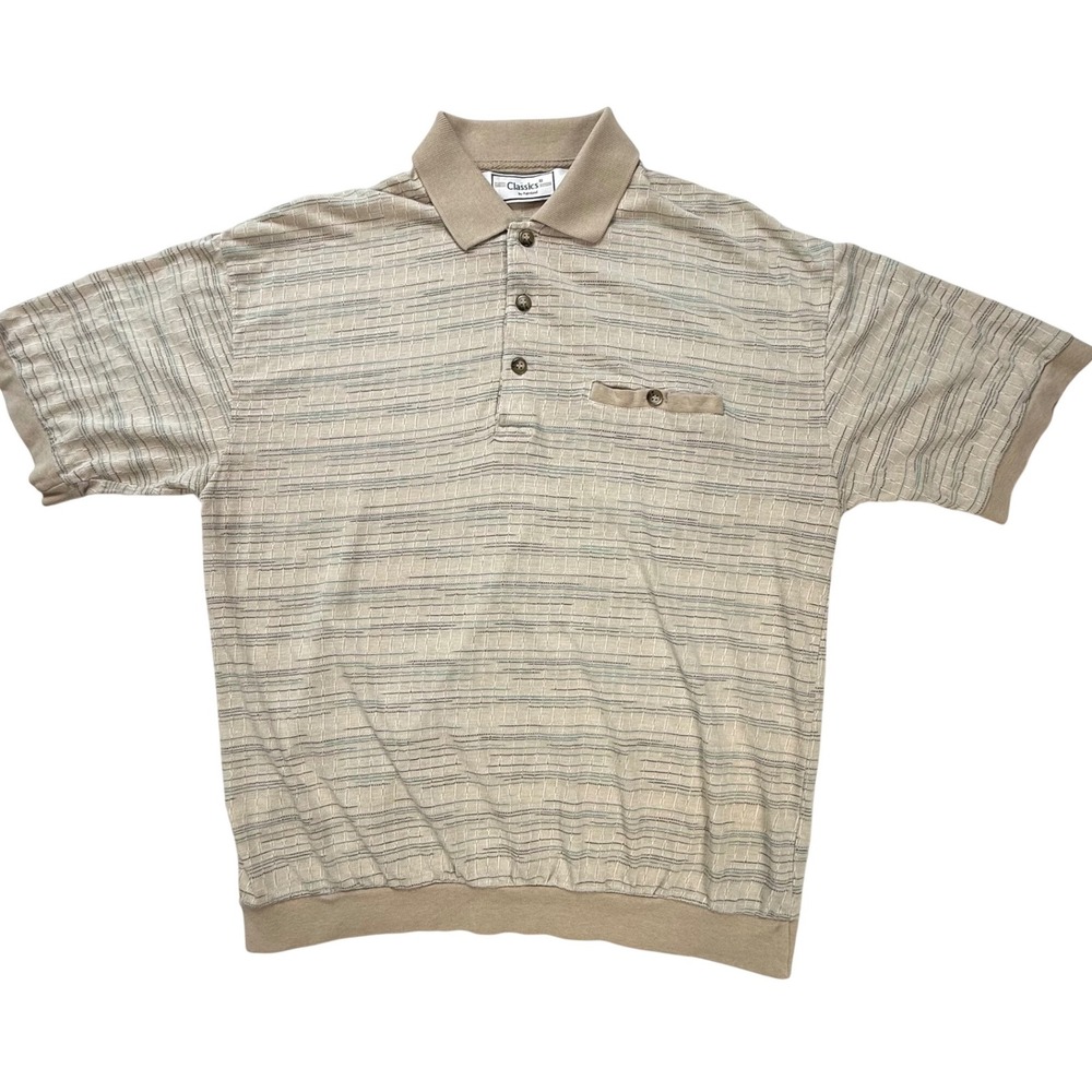 Classics by Palmland‎ Mens Medium Polo Shirt Banded Bottom Textured Stripe Tan M
